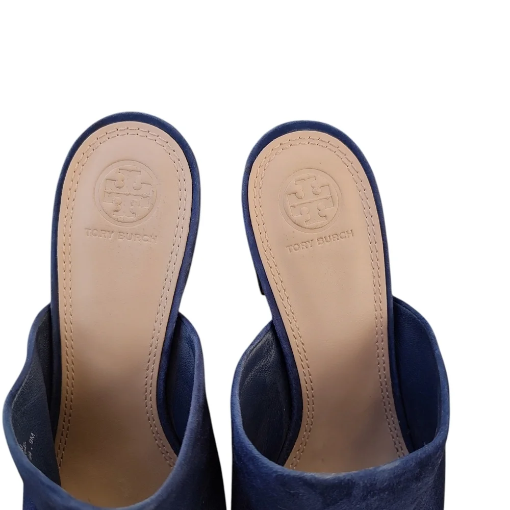 Tory Burch Navy Suede Peep Toe Mules